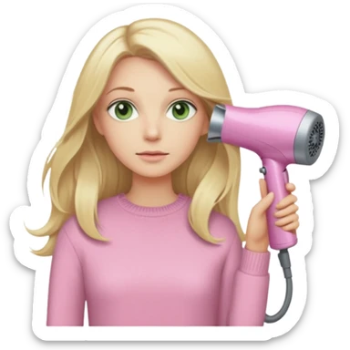 blonde with long hair and pale green eyes in a beige sweater holding a pink Dyson hair dryer, iOS emoji style sticker