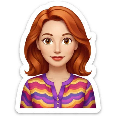 Woman in her 40s with elongated face, soft features, prominent cheekbones, friendly warm smile, medium almond-shaped brown eyes, defined eyebrows, straight nose, medium lips, vibrant red wavy hair, wearing a colorful blouse sticker