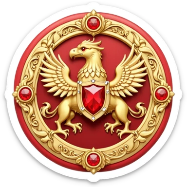 Golden griffin crest / brosch in a circle with two red gems and no background sticker