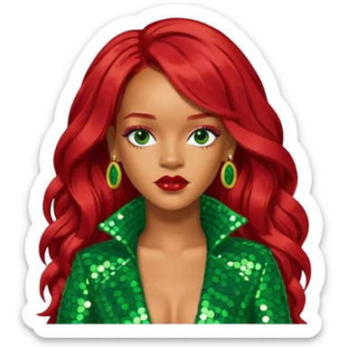 Rihanna with long red hair, green sequin outfit sticker