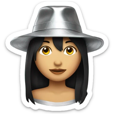 Girl with black hair wearing a hand made hat made of aluminum foil sticker