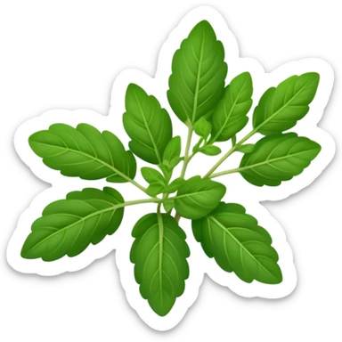 Cinematic Realistic Oregano Emoji, Bold and aromatic, with dark green leaves that radiate flavor and warmth. The plant’s rounded leaves create a lush, hearty growth, while the distinct scent invites comfort and coziness. Soft glowing outline, capturing the essence of bold flavor and herbal richness in a sprig of oregano! sticker