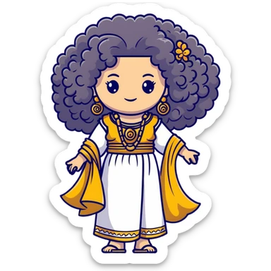 Stunning Greek-inspired character with massive voluminous curly hair flowing down, ornate traditional jewelry, and cute stylish Greek clothing sticker
