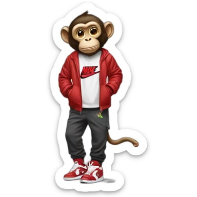 Monkey wearing Jordan 4 on its  feet with a bunch of Nike clothes sticker