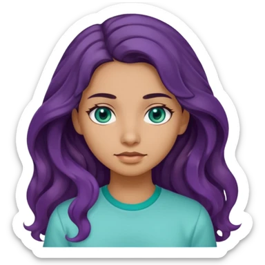 Girl with olive skin, teal eyes and dark very wavy long hair light purple shirt sticker