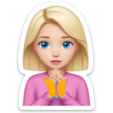 A girl with blue eyes, full lips and blonde hair in a pink blouse shows no with her hands, crossing them sticker