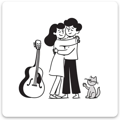 Two happy musicians hugging each other, smiling, friendly embrace, musical instruments nearby sticker