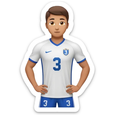 Apple emoji style 23 year old soccer player standing confident pose, white jersey #3, ultra detailed 3D sticker