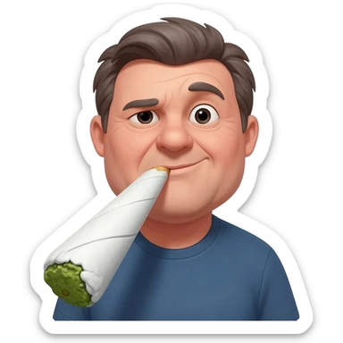 Chubby goofy looking middle aged  white guy with dark brown, but graying hair, Smoking A SUPER HUGE white and green smoking doobie sticker