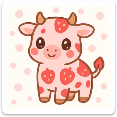 cute strawberry cow, kawaii style, pink and red, cartoonish, big eyes, with strawberry spots sticker