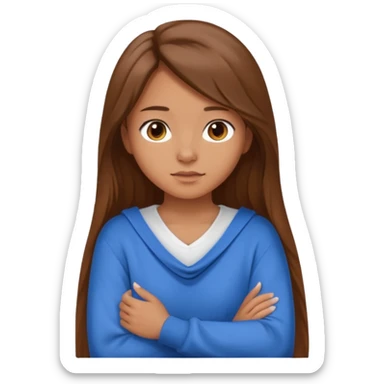 crea una ragazza giovane con i capelli marroni lunghi, una camicia bianca e un maglioncino blu appoggiato sulle spalle sticker