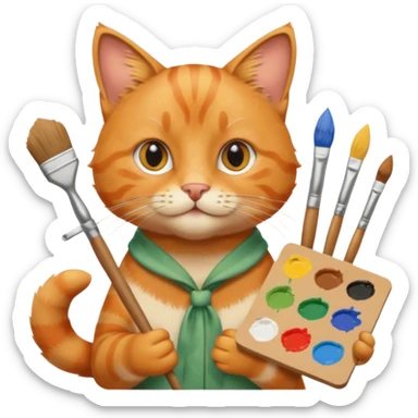 A cat holding brushes and a colour pallete because he is an artist sticker