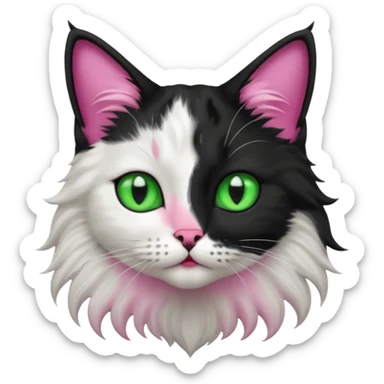 black and white long hair cat. green eyes. black nose and pink lips. black splotch in the shape of a star near nose (on the right side) sticker