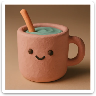 claymation style drink with a cute face and visible texture sticker