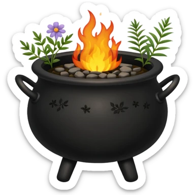 Black patterned cauldron with herbs flowers and fire  sticker