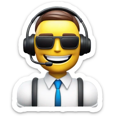 A non-threatening robot sales rep smiling and wearing a headset sticker