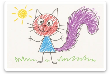 a playful cat with a big tail, children's doodle style sticker