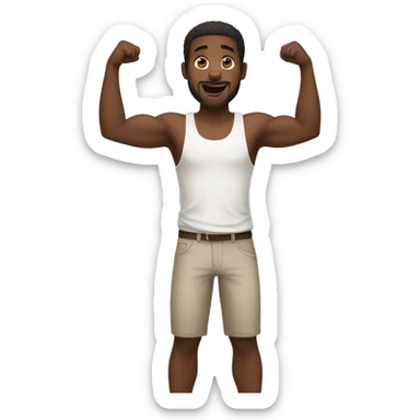 a black man wearing a white tank top standing straight with his arms raised straight up sticker