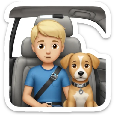 blonde boy in car interior with the dog  sticker