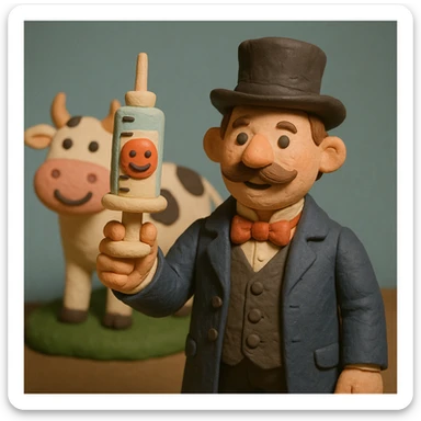 A Victorian doctor holding up a vaccination with a smiling face with a cartoon happy cow in the background sticker