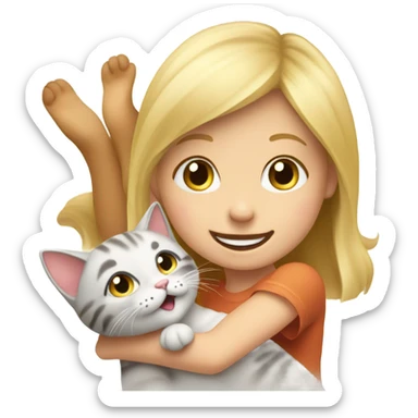 Blonde kid playing with a cat sticker