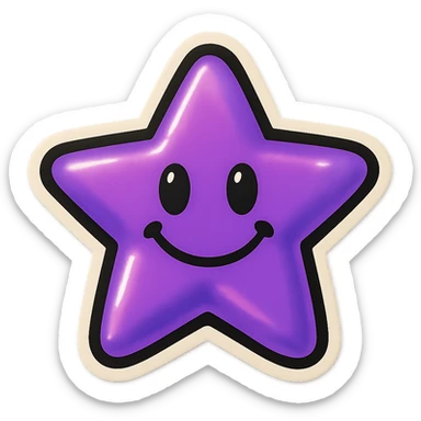 purple star with a smiling face, bold outlines, vintage sticker style sticker