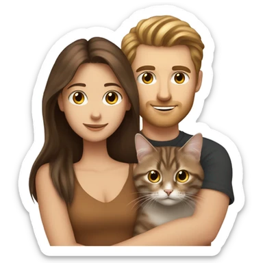 Long Brown hair girl and brunette white man holding tabby cat  sticker