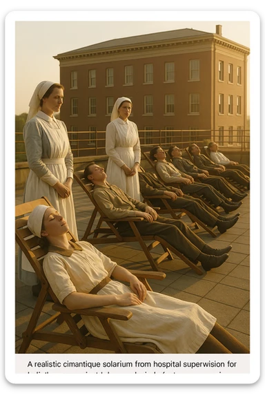 A realistic cinematic image of a hospital rooftop solarium from the 1900s, patients sunbathing under nurse supervision for heliotherapy against tuberculosis and rickets.” sticker