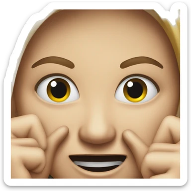 Provocative smiling face. Hands pointing to mouth. Not from close up but from far away. sticker