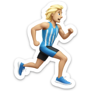 guy running on a treadmill wearing black shorts, a white-blue striped jersey, having blond hair and blue shoes sticker
