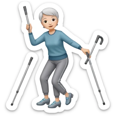 elderly woman with pants, short grey hair, and dancing th crutches                    and with a sorry look sticker