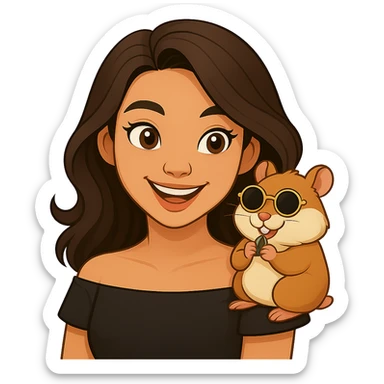 Remove the background and make it transparent. Keep the woman and her hamster with heart-shaped sunglasses as the focus, maintaining a modern, clean, warm style. sticker