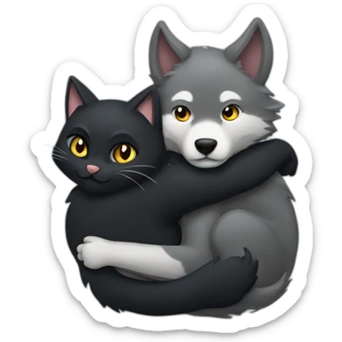 Grey Wolf hugging a black cat sticker