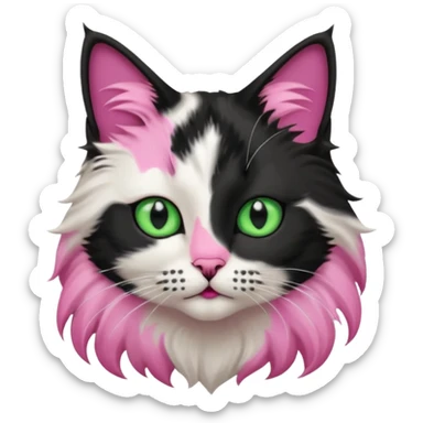 black and white long hair cat. green eyes. black nose and pink lips. black splotch in the shape of a star near nose (on the right side) sticker