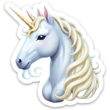 Beautiful and Majestic White Unicorn Portrait Emoji, Head and body exuding serene brilliance with a luminous, flowing mane and a gracefully spiraled horn, eyes gently closed in peaceful reverie, Simplified yet exquisitely enchanting features, highly detailed, glowing with a soft, celestial light, high shine, serene and utterly majestic, stylized with an air of timeless fantasy, soft glowing outline, capturing the essence of a beautiful and majestic white unicorn that embodies the pure magic of legend! sticker