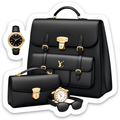 bag and watch, and glasses 1 specfic, all BLACK AND WHITE put together like a bundle with no face, all luxury items like lv and prada, and rolex sticker