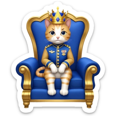"A regal anthropomorphic cat, dressed in a royal blue and gold military uniform, sitting on a lavish marble throne in a grand, dimly lit palace hall. Cinematic lighting, highly detailed, dramatic, 10 seconds, ultra-realistic."
​ sticker