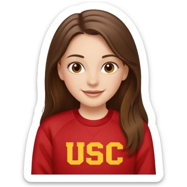 happy white long brunette hair girl with hazel eyes and in red USC sweatshirt sticker