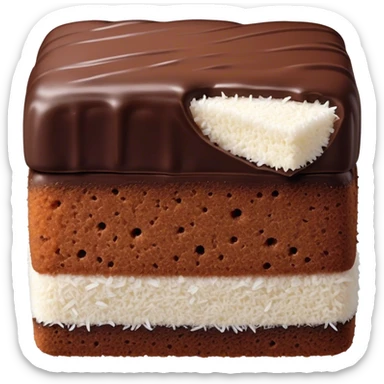 Lamington Cinematic Realistic Lamington Dessert Emoji, depicted as a sponge cake square coated in chocolate and dusted with coconut on all sides, rendered with lifelike textures and vibrant, tropical lighting. sticker