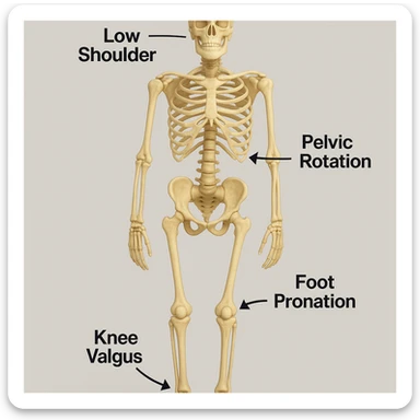 An anatomical illustration of limb length discrepancy (dismetria) in a medical style with a neutral background. The skeleton shows one leg shorter than the other, with pelvis and shoulders misaligned. Include arrows and labels indicating asymmetry, inspired by the reference image. sticker
