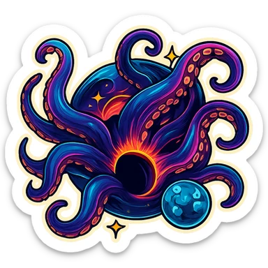 Edit the images to depict a cosmic monster coming through a hole in the sky in a retro sticker style. The scene should be dramatic with correct perspective and no background, preserving the retro sticker style look and feel. sticker