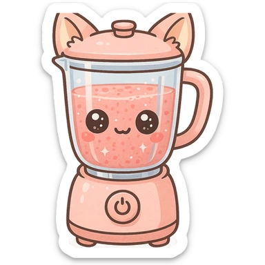 full-body kawaii pastel pink blender with fox features, transparent body filled with fruity smoothie, sparkling eyes, transparent background sticker
