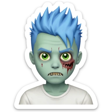 zombie boy with blue-tinted spiky hair, white shirt, pale green skin, emoji style sticker