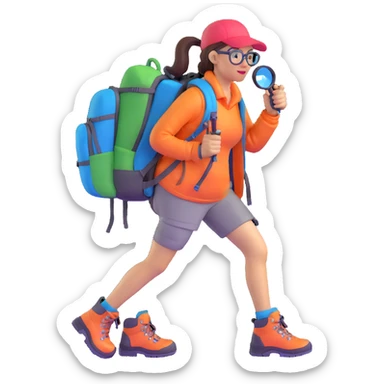 Happy energetic woman in her late 30s with glasses wearing colorful sporty outfit, hiking boots, and backpack, examining with a magnifying glass sticker