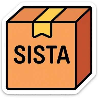 cardboard box with the word SISTA printed on it, clear and legible, color outline icon style sticker