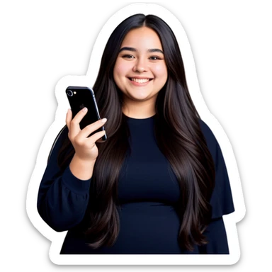 Beautiful young girl, slightly overweight with long dark hair cascading over her shoulders as she holds her black iPhone, smiling with the nose ring in her nose as it shines like a diamond sticker