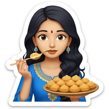 a pretty tan indian bratz girl with wavy long BLACK hair. eyeliner on, wearing a blue kurti, eating golgappa. NO SPOON sticker