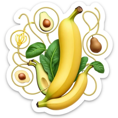 Golden banana, avocado, potatoes and spinach floating around a glowing nervous system and heart. Electrical waves connect these potassium-rich foods to nerves, heart and muscles, showing how potassium supports electrical stability and fluid movement in the body. sticker