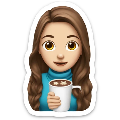 white girl with brown long hair and a hot chocolate sticker
