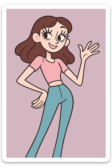 skinny girl with brown hair, pale skin, big lashes, pastel cartoon style sticker